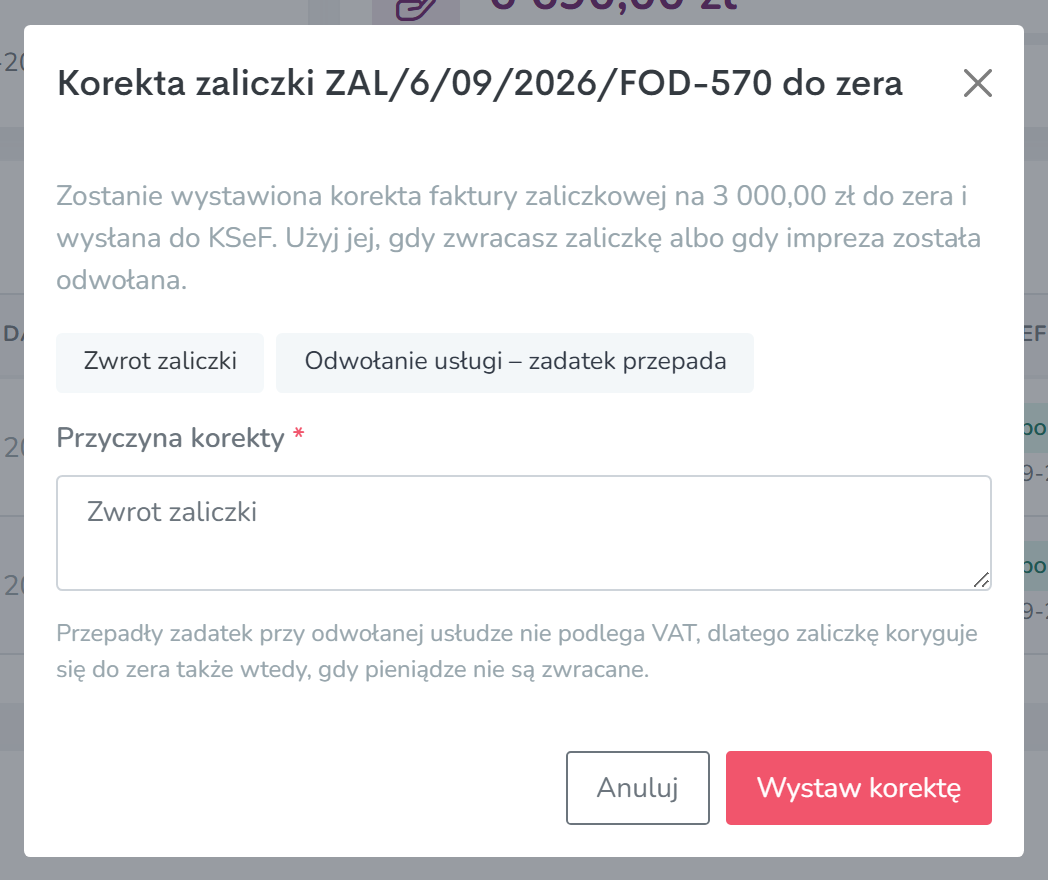 Okno korekty faktury zaliczkowej do zera z wyborem przyczyny