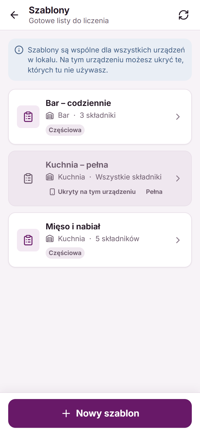 Lista szablonów w aplikacji z jednym szablonem ukrytym na tym urządzeniu