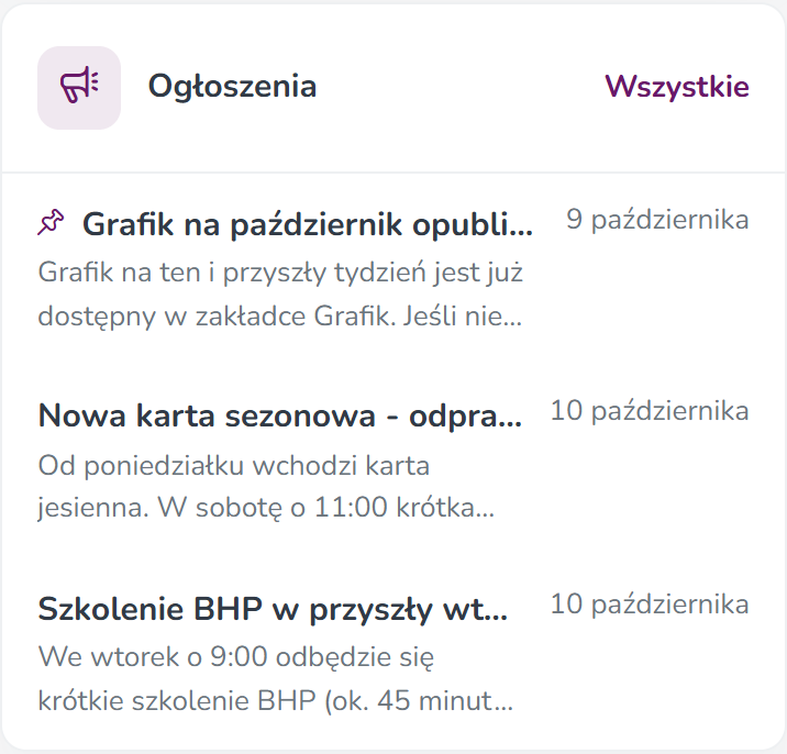 Karta Ogłoszenia na ekranie Start — trzy najnowsze komunikaty i link Wszystkie