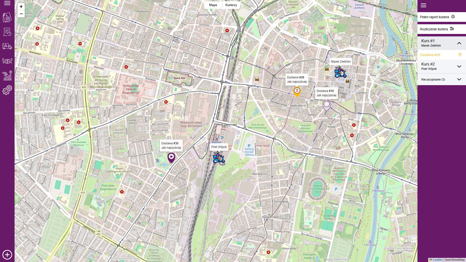 Mapa kurierów z dostawami i rozwiniętym kursem