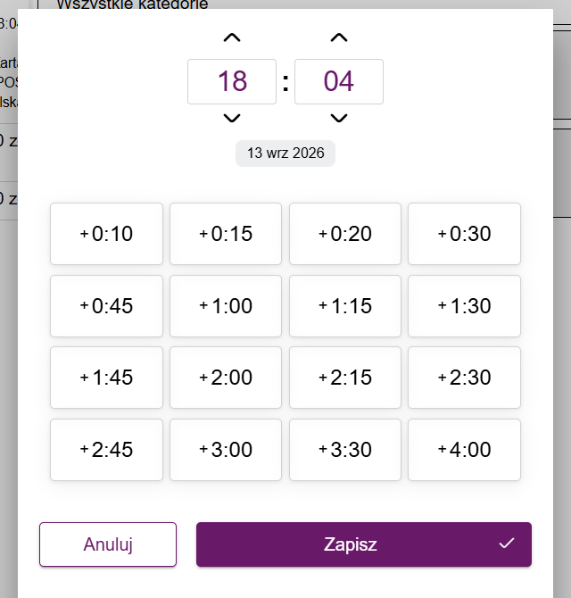 Okno wyboru godziny realizacji z szybkimi przyciskami