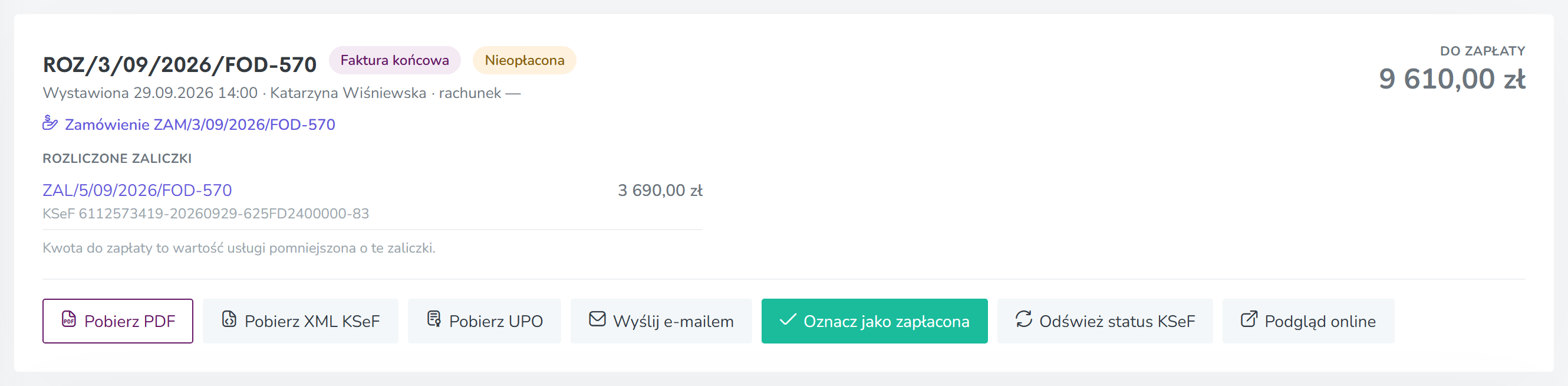 Szczegóły faktury końcowej z listą rozliczonych zaliczek