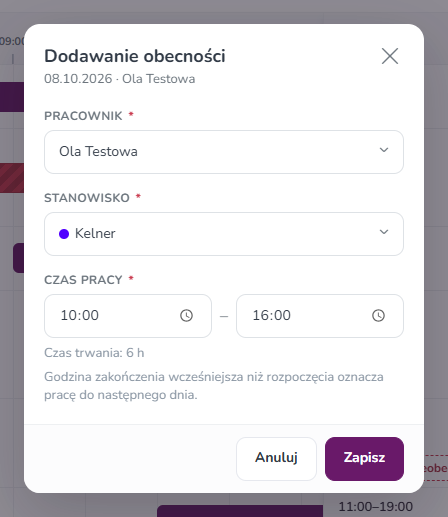 Okno Dodawanie obecności z godzinami podpowiedzianymi z grafiku