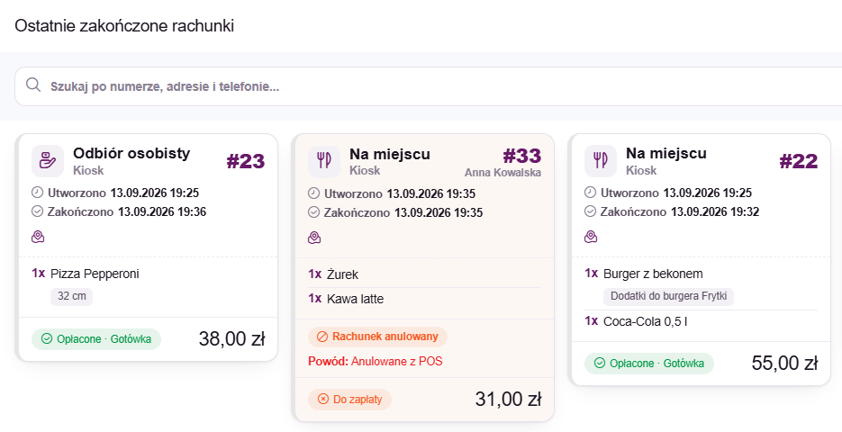 Zamówienia z kiosku na liście zakończonych rachunków