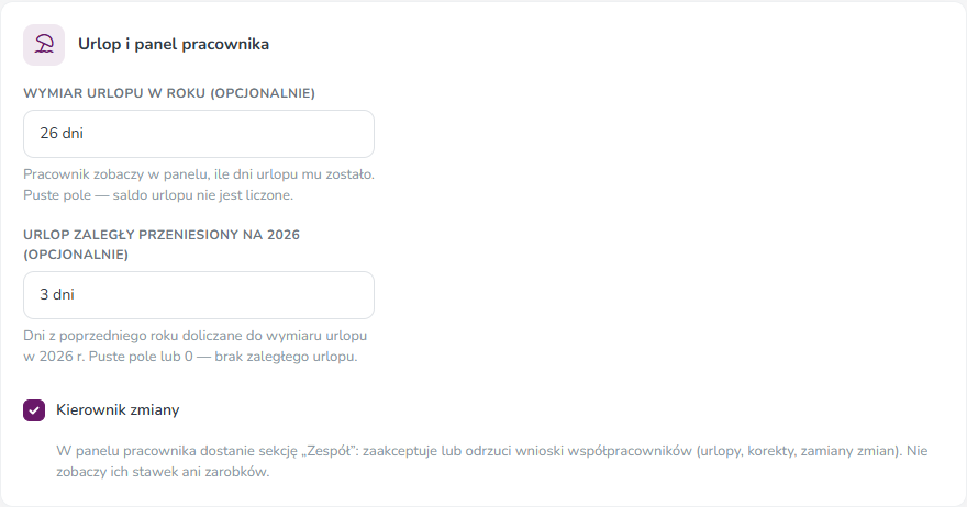 Sekcja Urlop i panel pracownika: wymiar urlopu 26 dni i 3 dni urlopu zaległego
