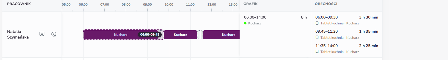 Przeciąganie końca paska z dymkiem nowych godzin 06:00–09:45