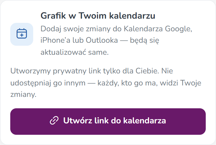 Karta Grafik w Twoim kalendarzu z przyciskiem Utwórz link do kalendarza