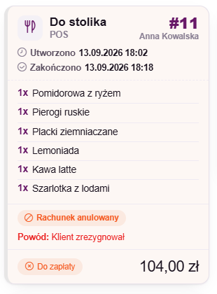 Karta anulowanego rachunku w Zakończonych rachunkach z powodem Klient zrezygnował