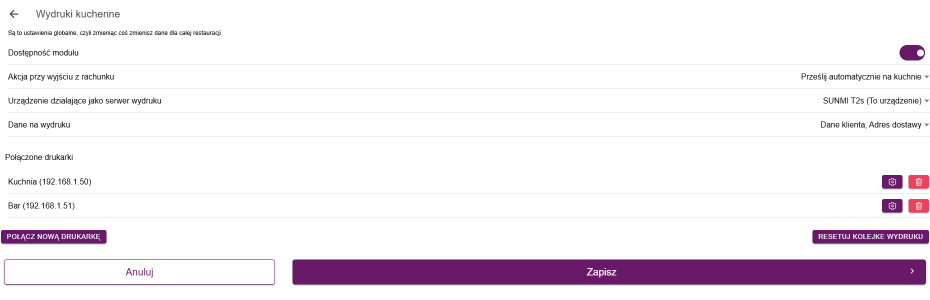 Ekran Wydruki kuchenne z włączonym modułem i dwiema drukarkami