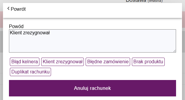 Okno z powodem odrzucenia zamówienia