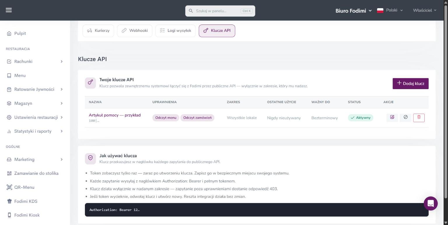 Lista kluczy API z uprawnieniami, zakresem i statusem