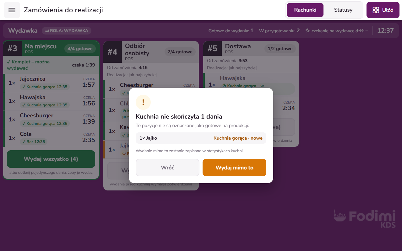 Okno „Kuchnia nie skończyła” przy próbie wydania niegotowego dania