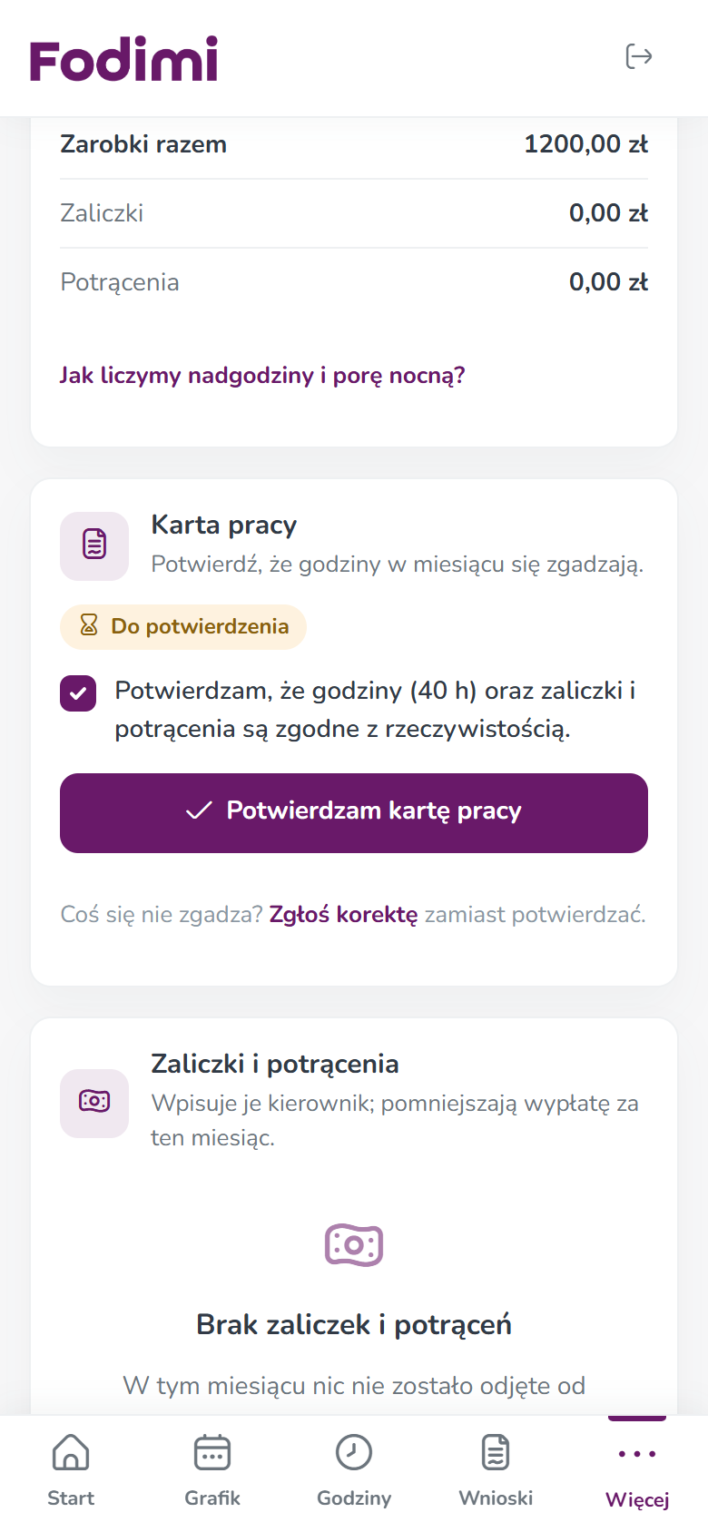 Panel pracownika na telefonie: karta pracy ze statusem Do potwierdzenia, zaznaczone pole potwierdzenia godzin (40 h) i przycisk Potwierdzam kartę pracy