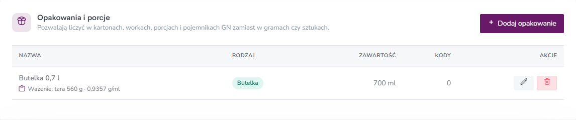 Lista opakowań składnika z dopiskiem „Ważenie: tara 560 g · 0,9357 g/ml”