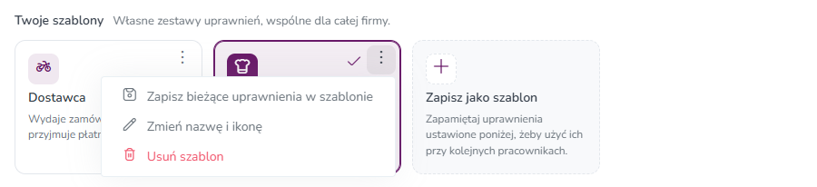 Menu szablonu: zapis bieżących uprawnień, zmiana nazwy i ikony, usunięcie