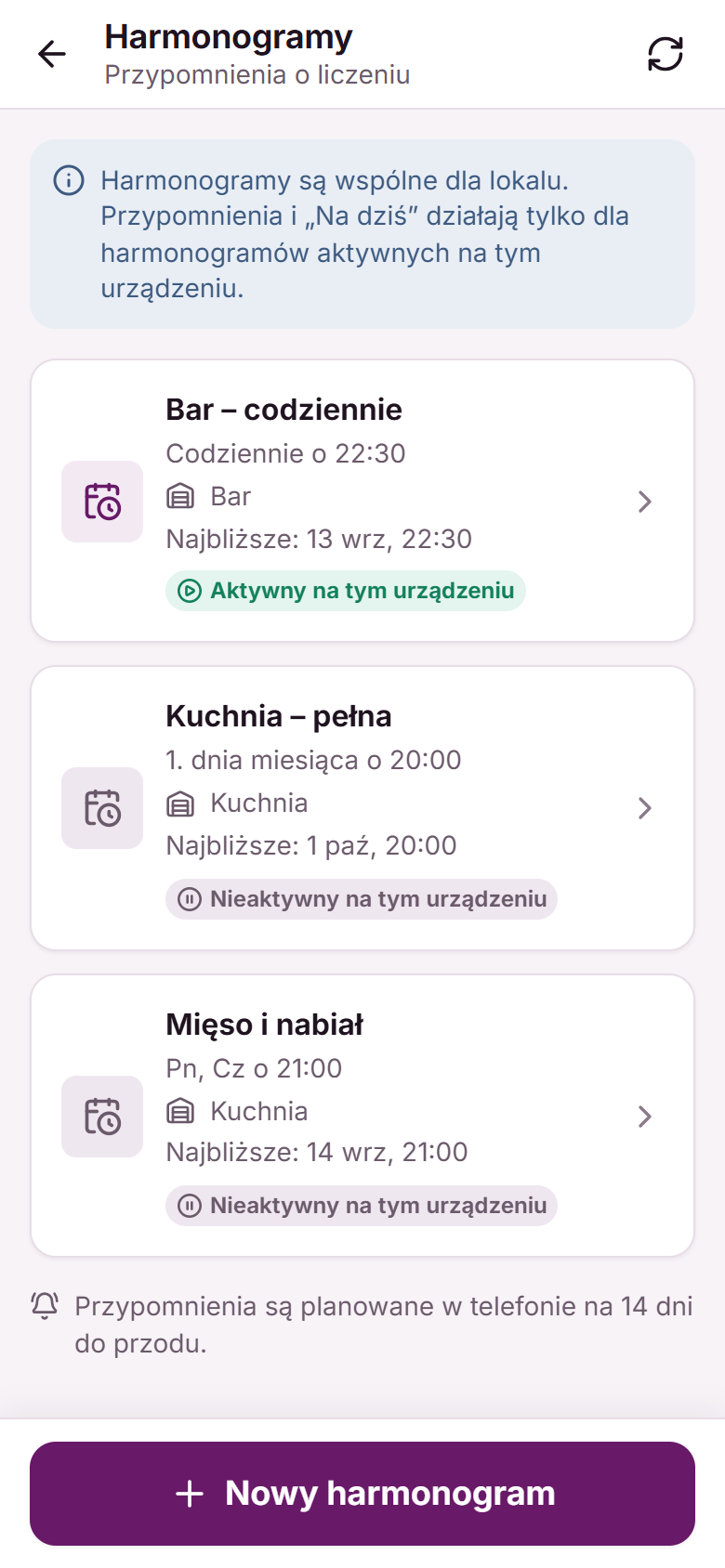 Lista harmonogramów w aplikacji — jeden aktywny, dwa nieaktywne na tym urządzeniu