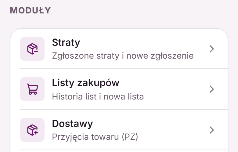 Sekcja Moduły w zakładce Więcej: Straty, Listy zakupów i Dostawy