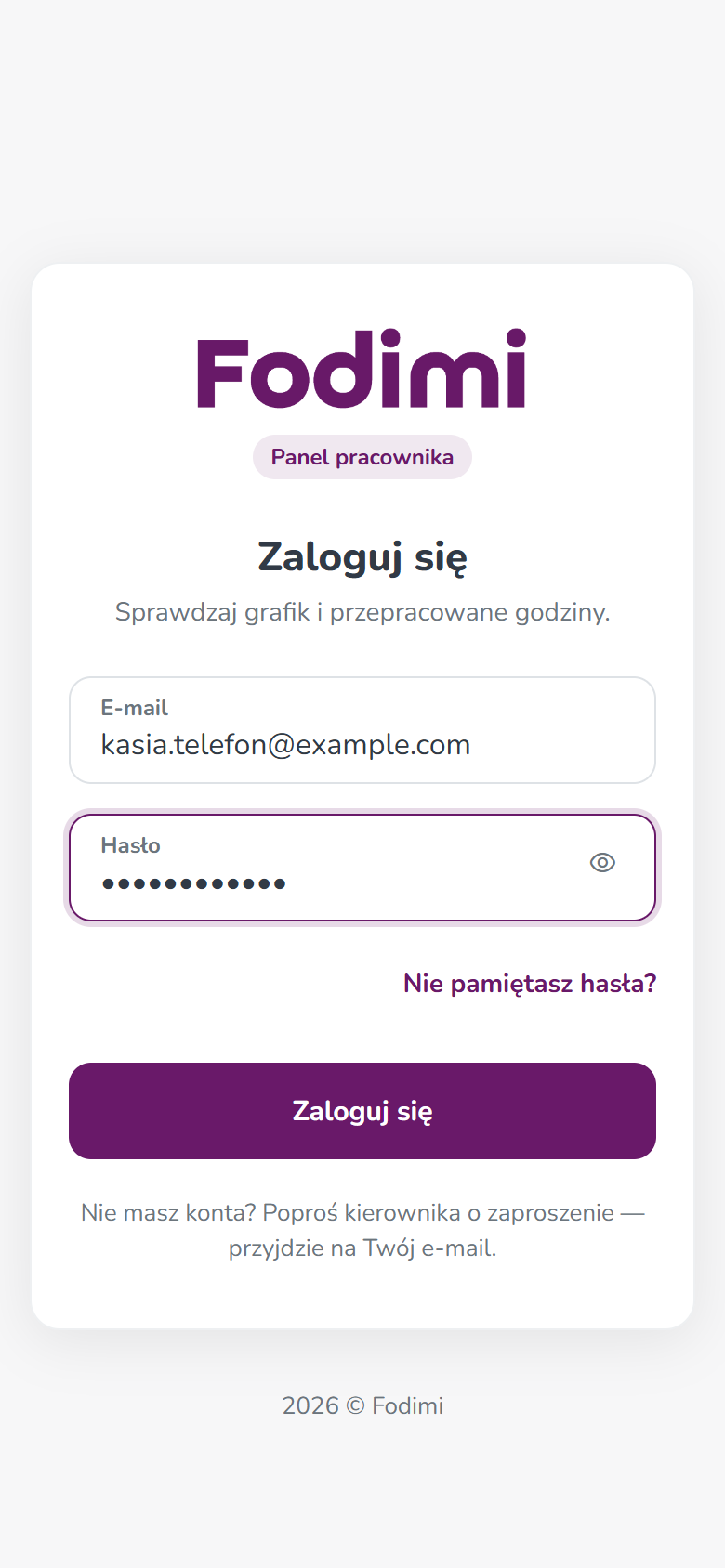 Ekran logowania do panelu pracownika na telefonie z polami E-mail i Hasło