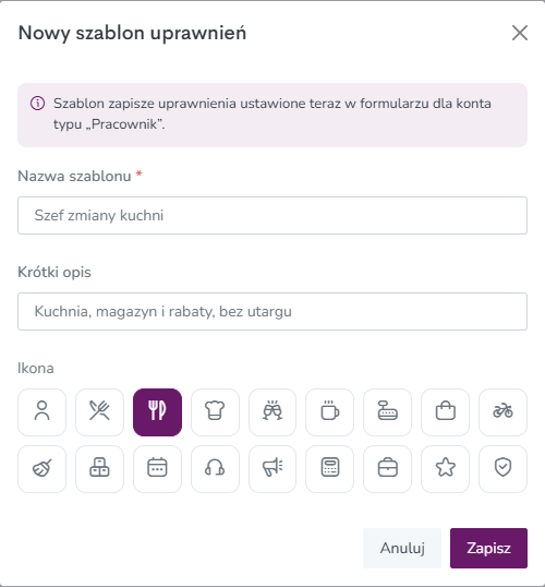 Okno Nowy szablon uprawnień: nazwa, krótki opis i ikona