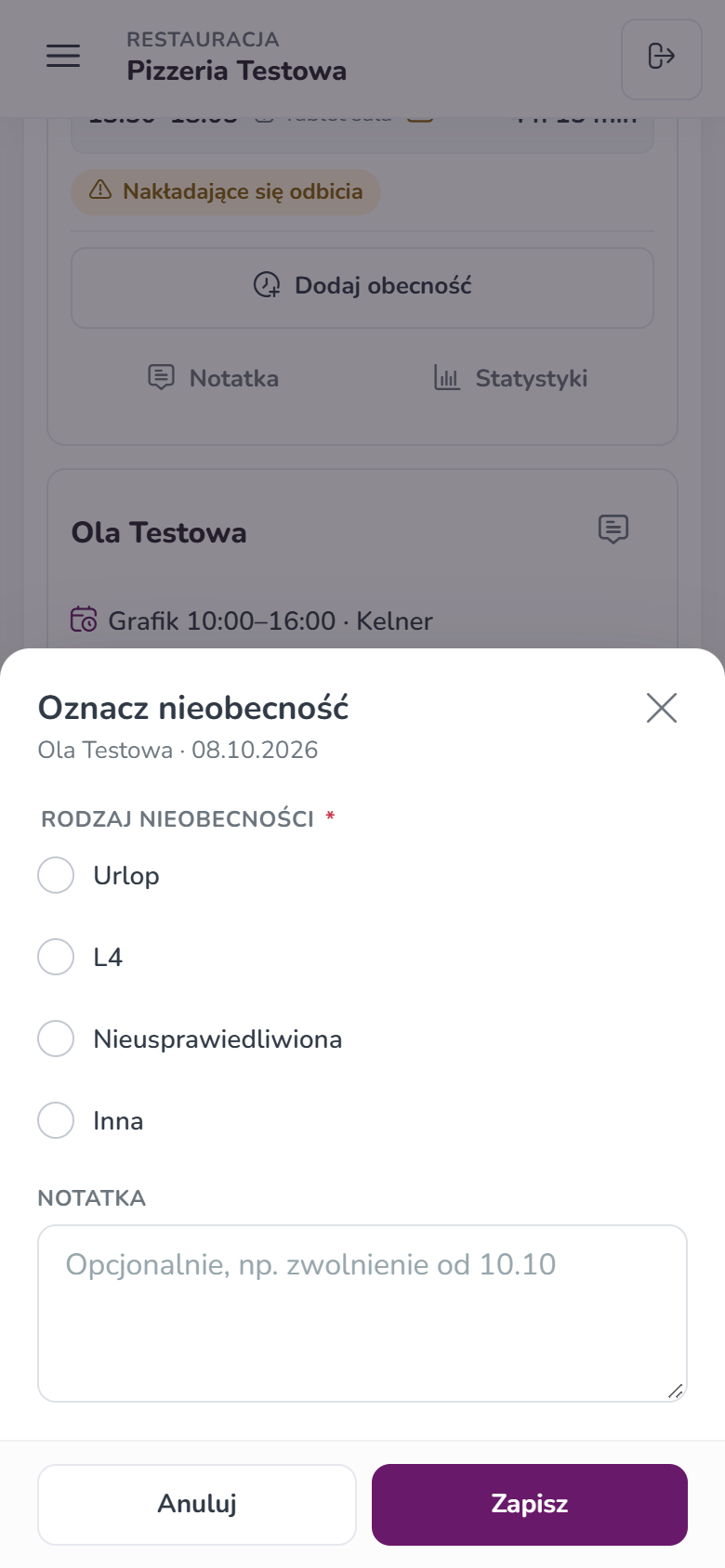 Okno Oznacz nieobecność na telefonie