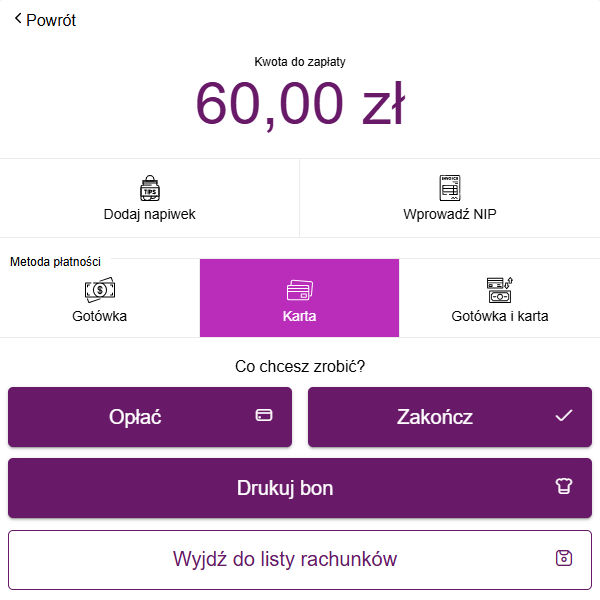 Ekran płatności z przyciskiem Drukuj bon