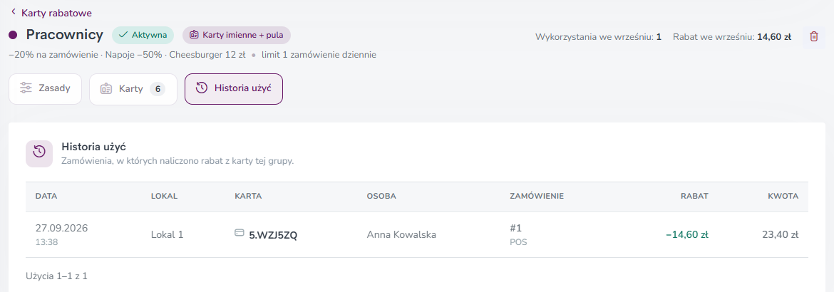 Historia użyć kart