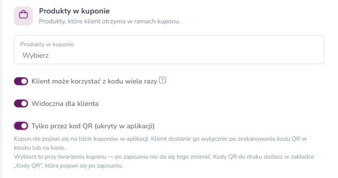 Przełącznik Tylko przez kod QR w formularzu kuponu