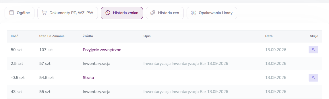 Zakładka Historia zmian na karcie półproduktu