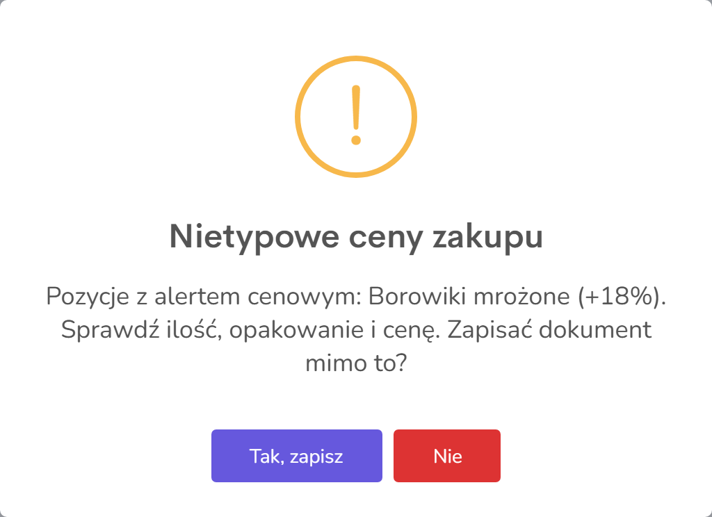 Okno Nietypowe ceny zakupu przed zapisaniem PZ