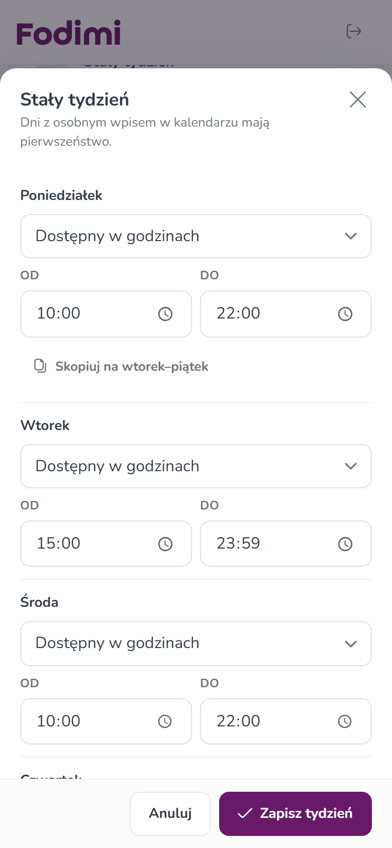 Okno Stały tydzień — poniedziałek 10:00–22:00, wtorek 15:00–23:59, środa 10:00–22:00 i przycisk Zapisz tydzień