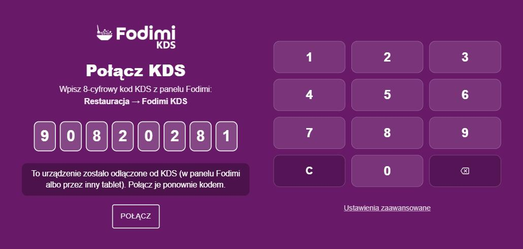 Tablet odłączony od KDS — kod jest podpowiedziany
