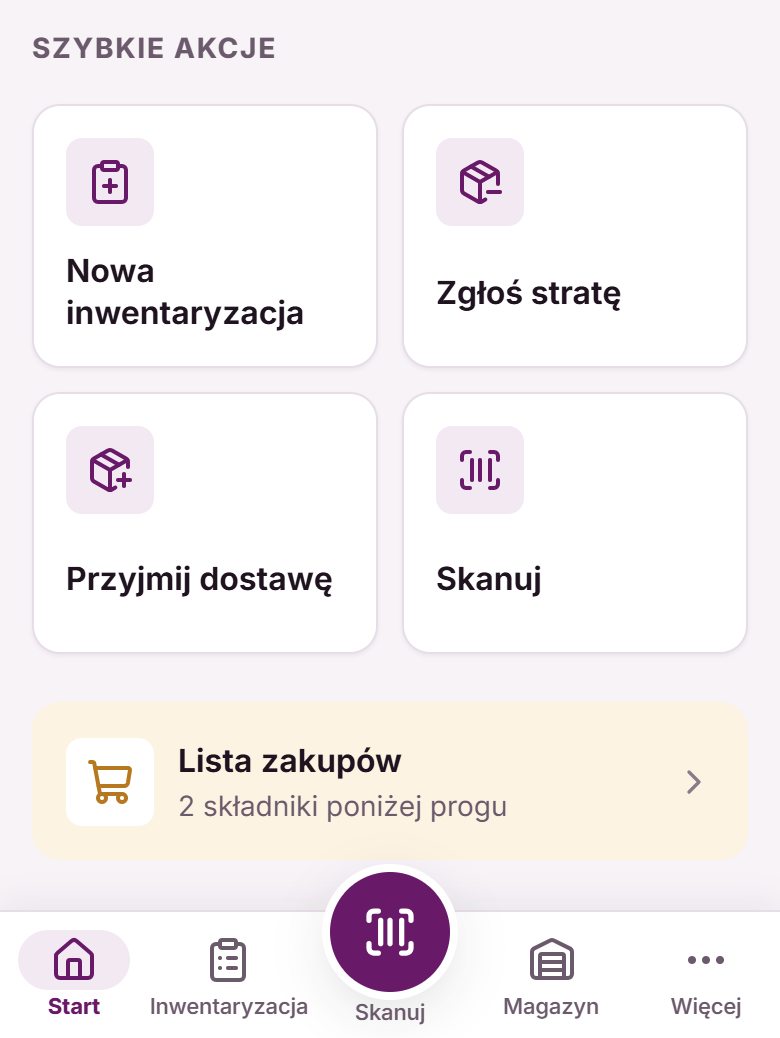 Szybkie akcje, karta Lista zakupów i dolny pasek zakładek