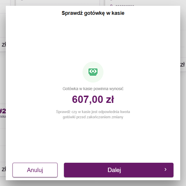 Okno Sprawdź gotówkę w kasie z kwotą, jaka powinna być w kasie
