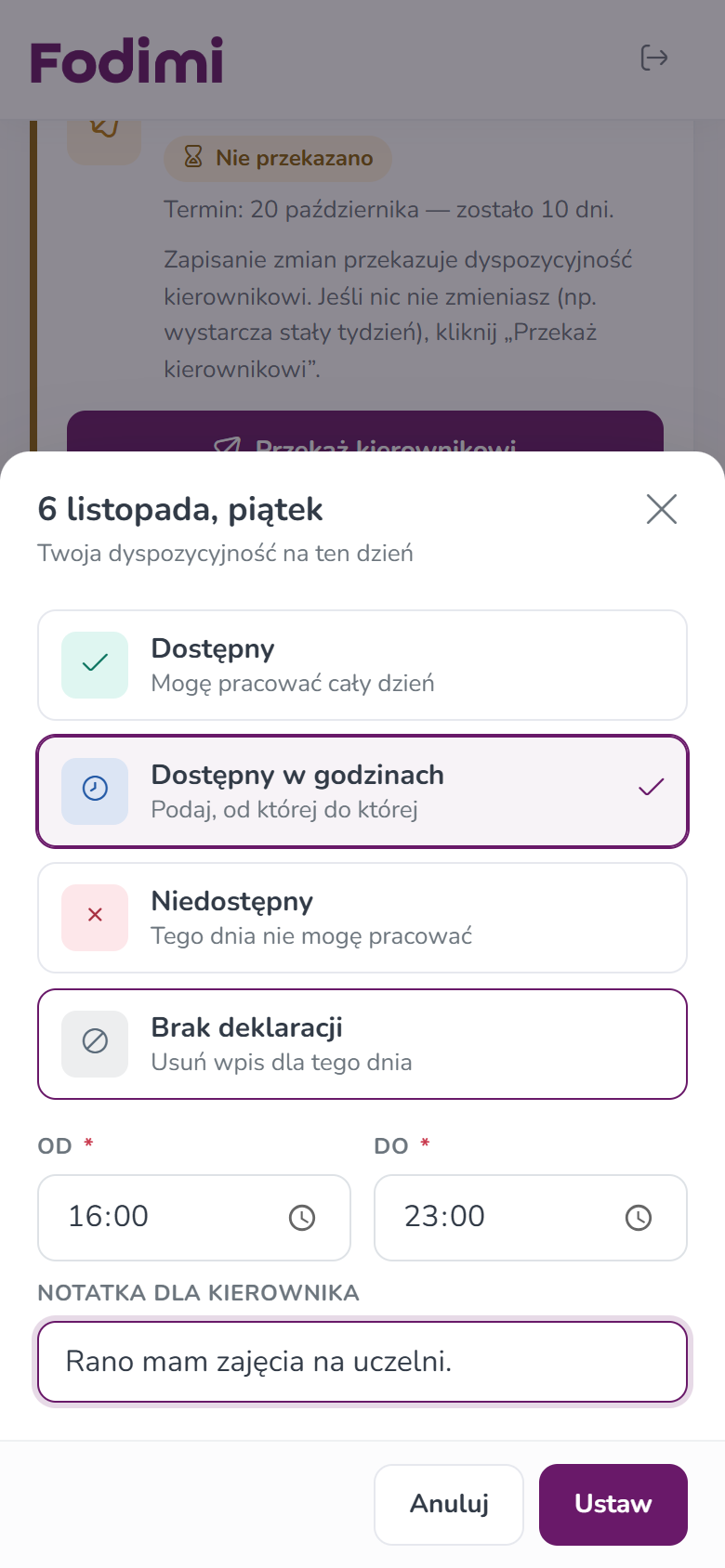 Okno dnia 6 listopada — wybrane Dostępny w godzinach 16:00–23:00 i notatka dla kierownika