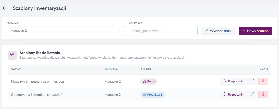 Lista szablonów inwentaryzacji w panelu z przyciskami Rozpocznij, edycji i usuwania