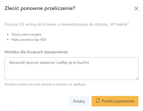 Okno Zlecić ponowne przeliczenie z notatką