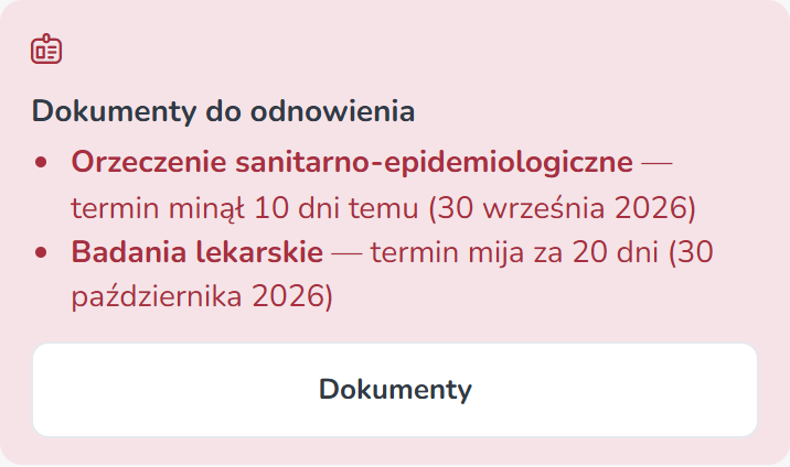 Alert Dokumenty do odnowienia na ekranie Start — orzeczenie sanitarne po terminie i badania lekarskie wygasające za 20 dni