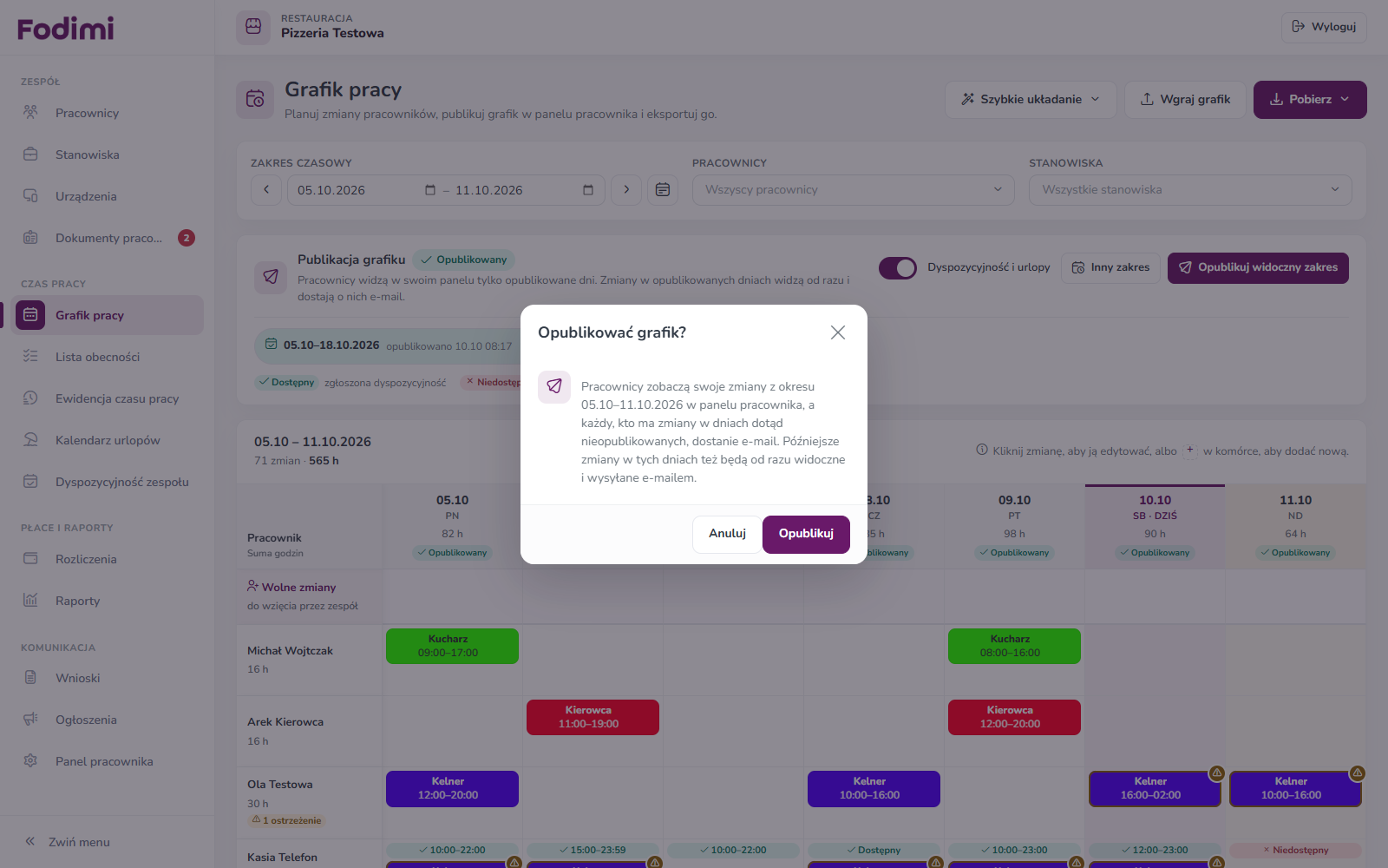 Okno Opublikować grafik? z opisem, kto dostanie e-mail, i przyciskiem Opublikuj