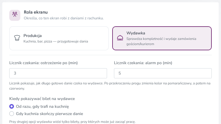 Rola ekranu Wydawka w formularzu KDS: progi licznika czekania i wybór, kiedy pokazywać bilet
