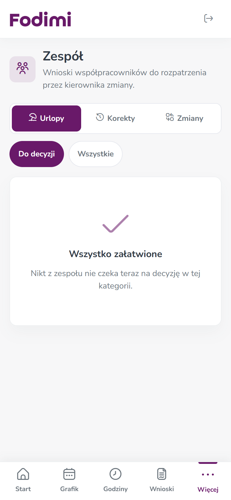 Sekcja Zespół na telefonie — zakładki Urlopy, Korekty, Zmiany, filtry Do decyzji i Wszystkie oraz komunikat Wszystko załatwione