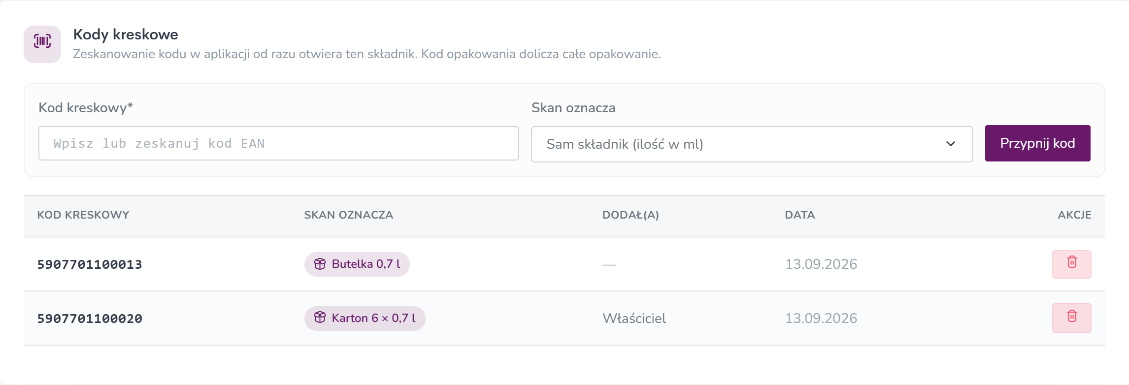Lista kodów kreskowych półproduktu