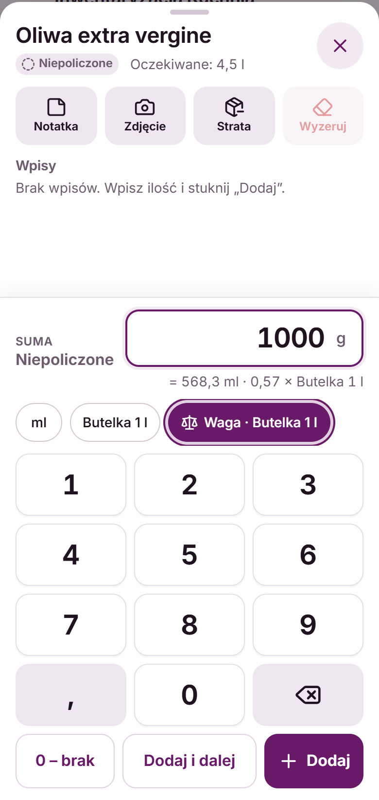 Aplikacja Fodimi Magazyn: tryb „Waga · Butelka 1 l”, wpisane 1000 g i podgląd 568,3 ml