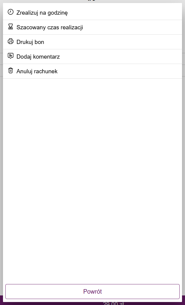 Menu akcji w podglądzie zakończonego rachunku