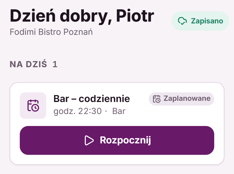 Karta „Na dziś” na ekranie Start z zaplanowanym liczeniem