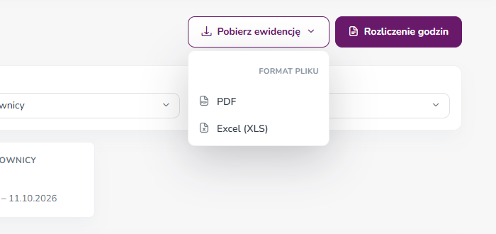Rozwinięta lista Pobierz ewidencję z opcjami PDF i Excel (XLS)