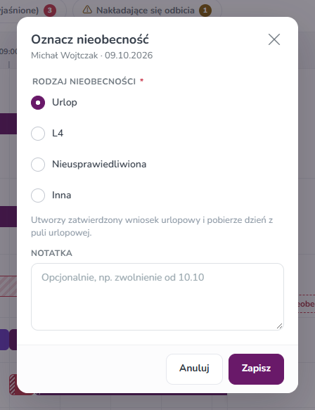 Okno Oznacz nieobecność z wyborem Urlop, L4, Nieusprawiedliwiona i Inna