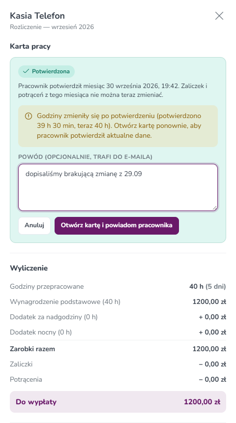 Szczegóły rozliczenia Kasi: karta Potwierdzona, ostrzeżenie że godziny zmieniły się po potwierdzeniu, pole Powód i przycisk Otwórz kartę i powiadom pracownika