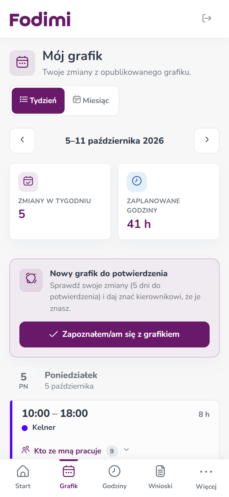 Mój grafik na telefonie — widok tygodnia, podsumowanie zmian i karta Nowy grafik do potwierdzenia
