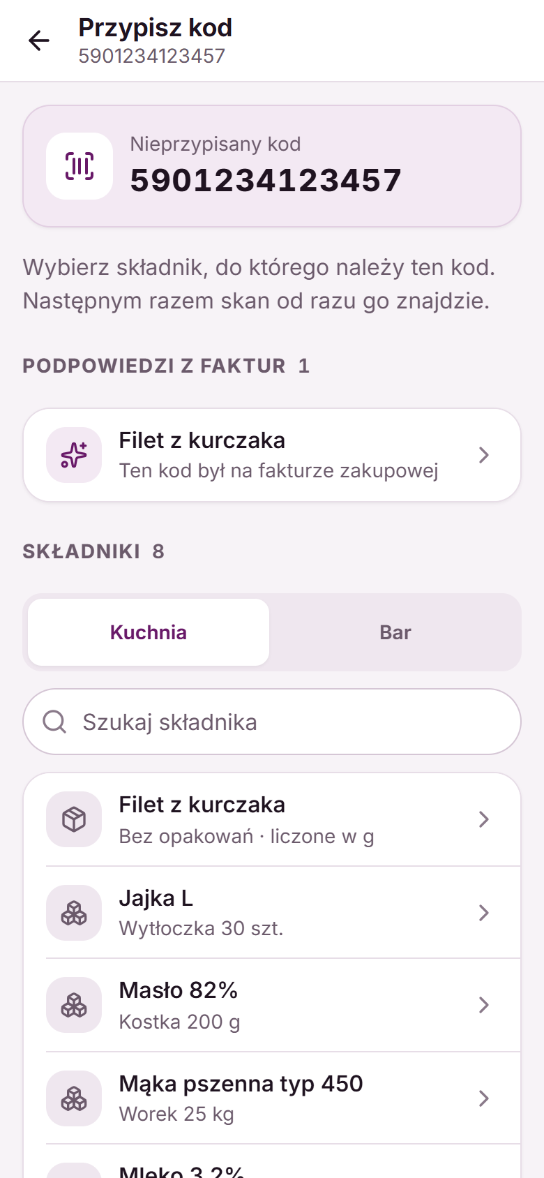 Ekran „Przypisz kod” z nieprzypisanym kodem, podpowiedzią z faktury i listą składników
