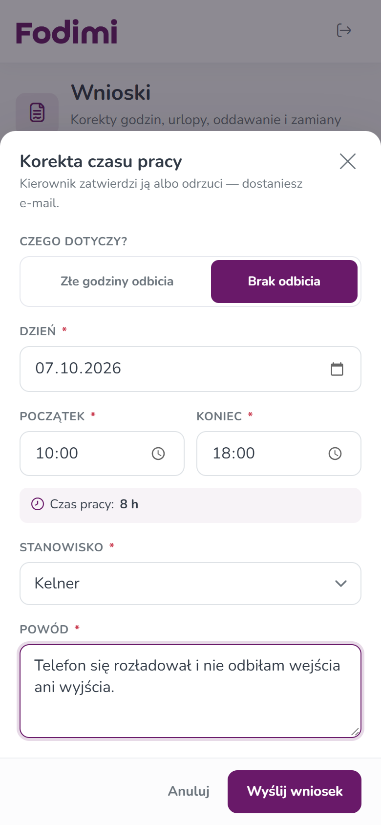 Formularz Korekta czasu pracy — Brak odbicia, dzień 07.10.2026, 10:00–18:00, stanowisko Kelner